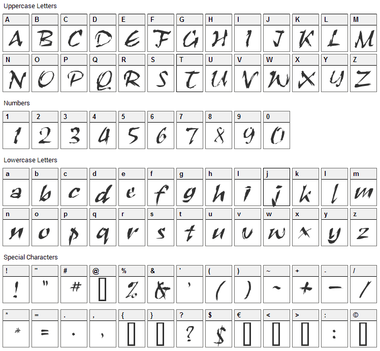 RoughBrush Font Character Map