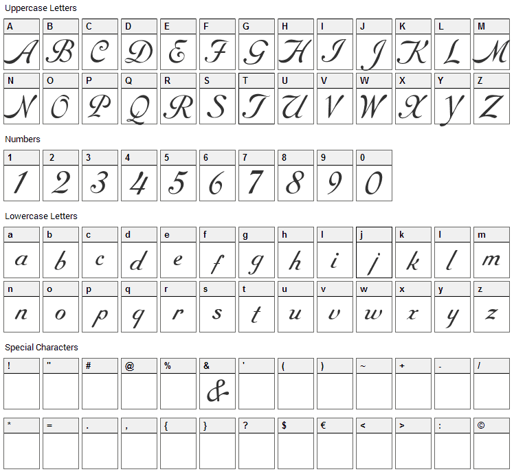 Round Hand Font Character Map