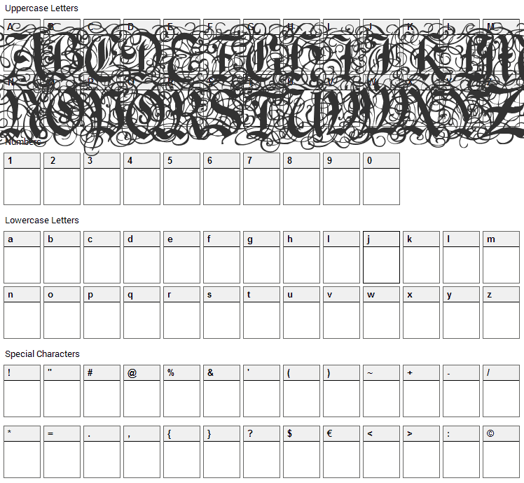 Royal Gothic Font Character Map