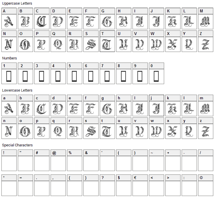 Royal Initialen Font Character Map