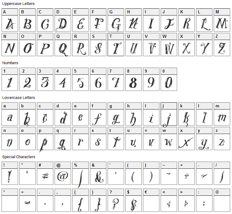 Royal Vanity Font Character Map