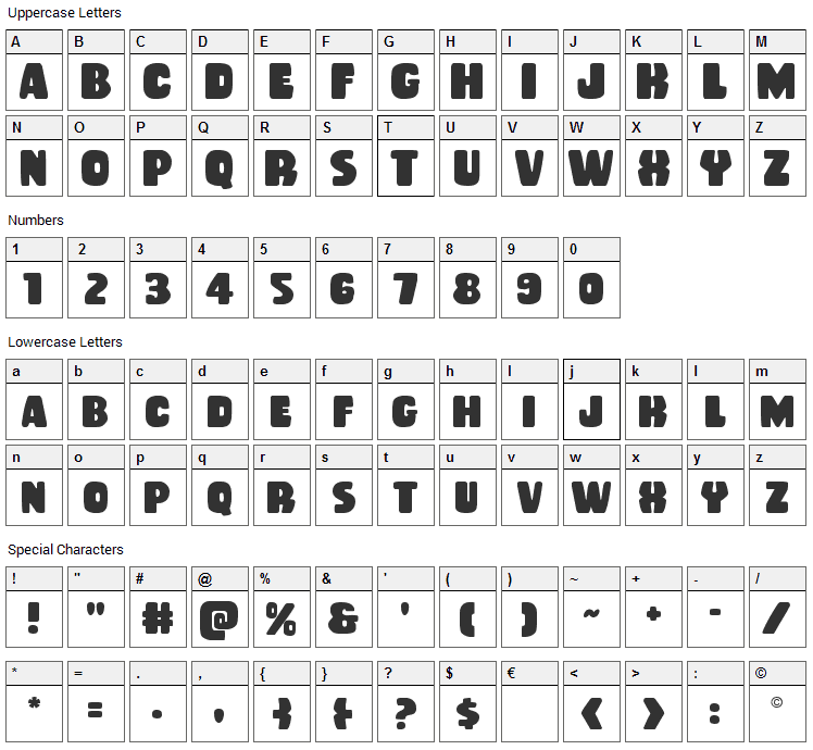 Rubber Boy Font Character Map