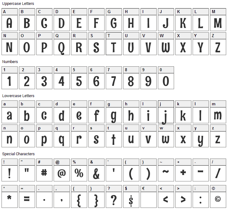 Rum Raisin Font Character Map