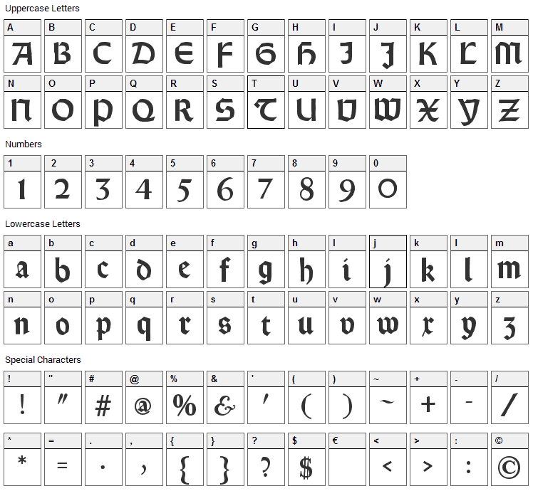 Rundgotisch Rauh Font Character Map