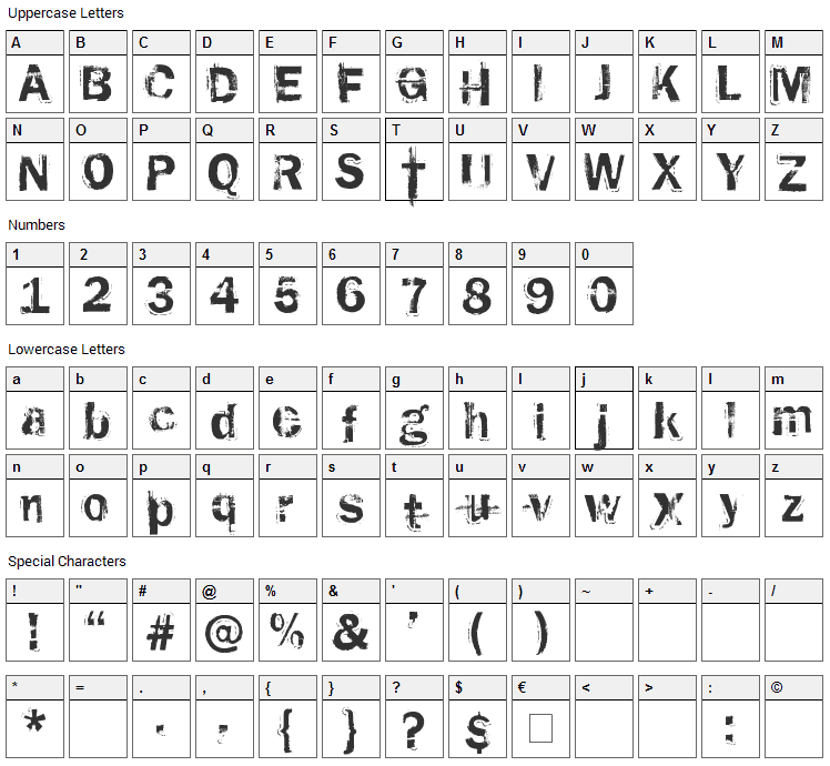 Rusted Plastic Font Character Map