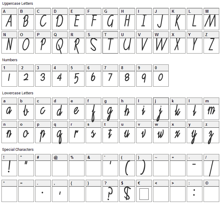 Ruth Script Font Character Map