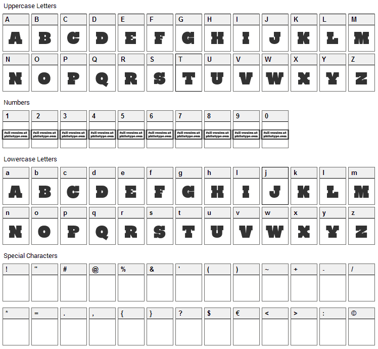 Ryno Slab Font Character Map