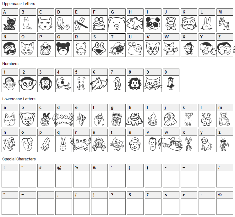 Sakabe Animal 01 Font Character Map