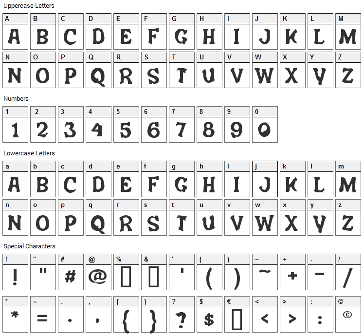 Salem Ergotism Font Character Map