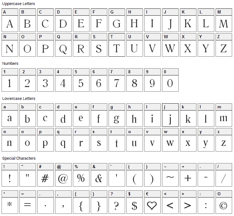 Salernomi J Font Character Map