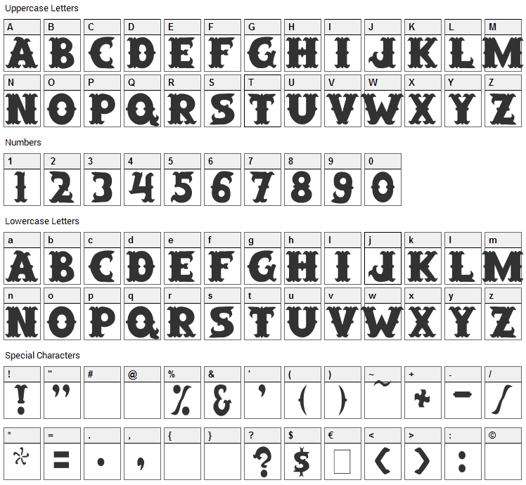 Saloon Font Character Map