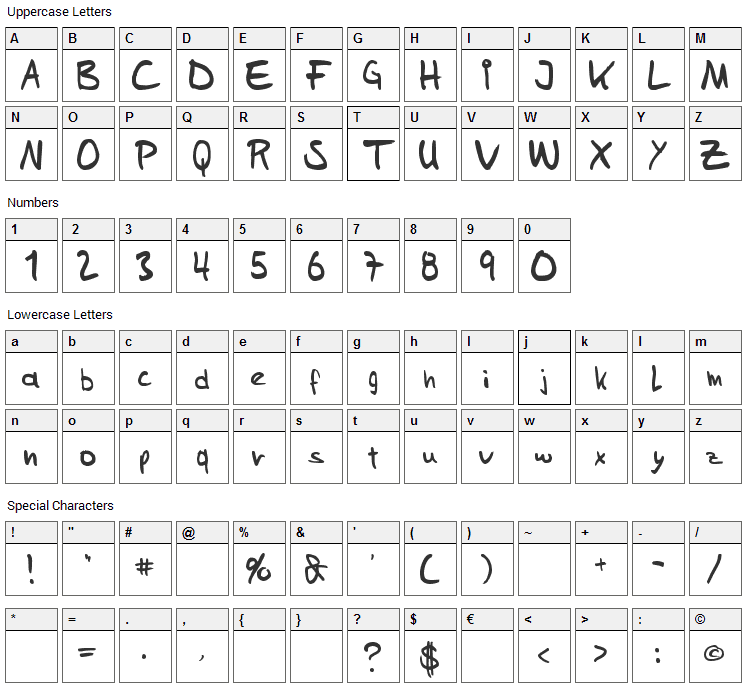 Sams Handwriting Font Character Map