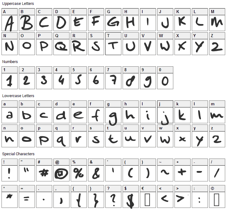 Sanders Scribble Font Character Map