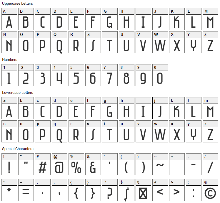 Saniretro Font Character Map