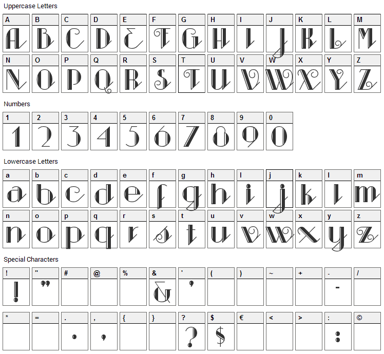 Sarsaparilla Font Character Map