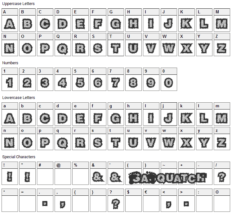 Sasquatch Font Character Map