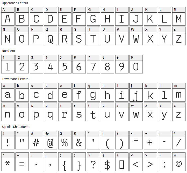 SaxMono Font Character Map