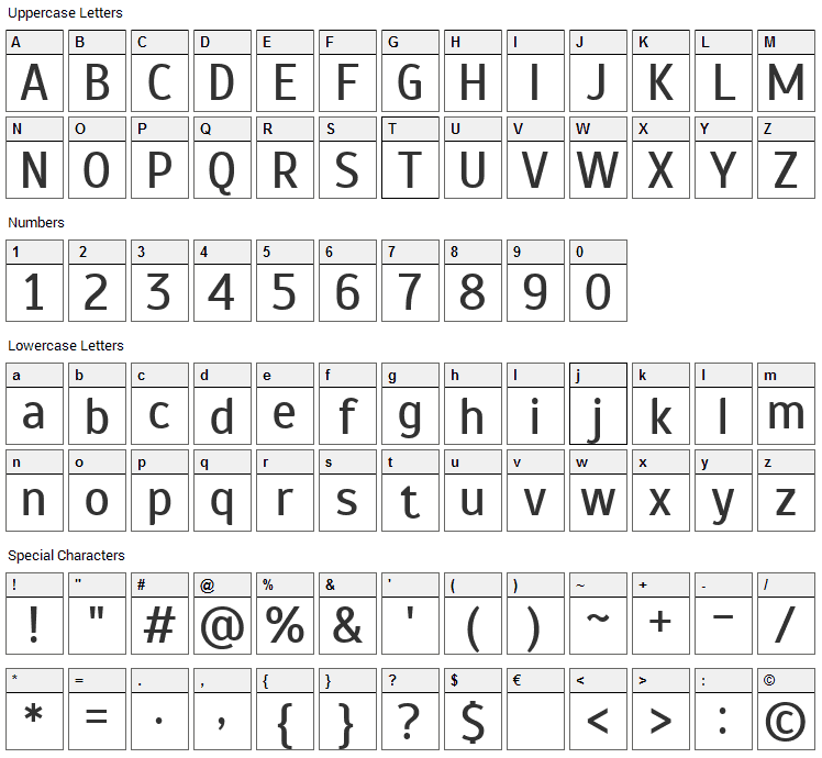 Scada Font Character Map