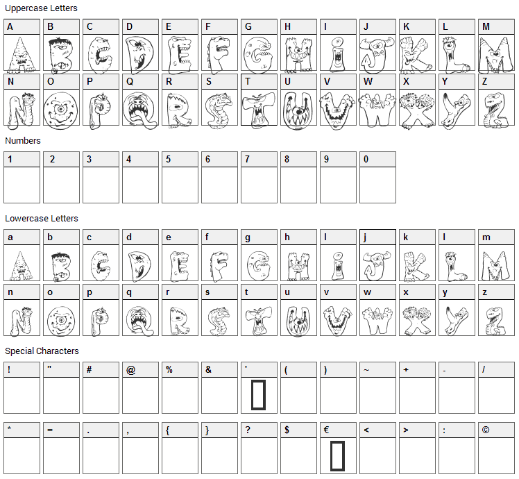 Scary Monsters Font Character Map