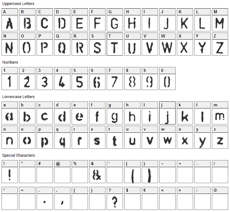 Schablona Dirt Font Character Map