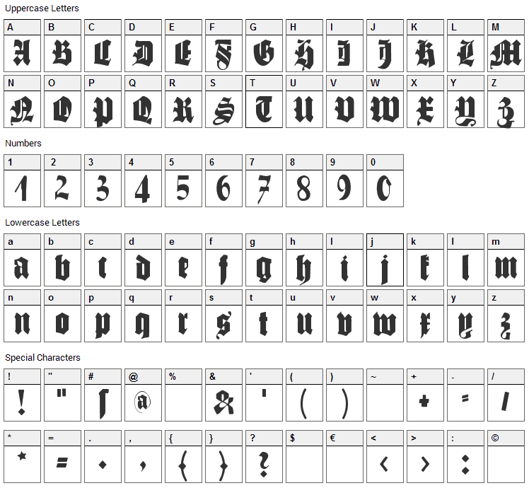Schmale Gotisch MK Font Character Map