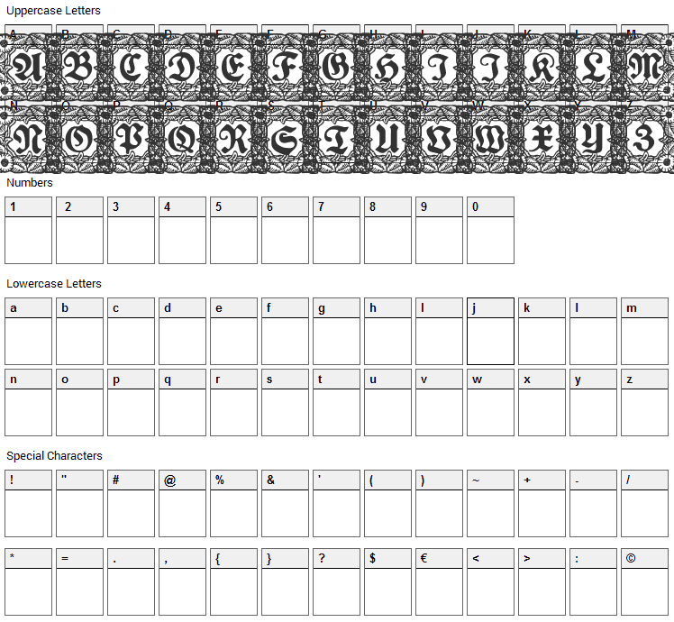 Schmuck Initialen Font Character Map