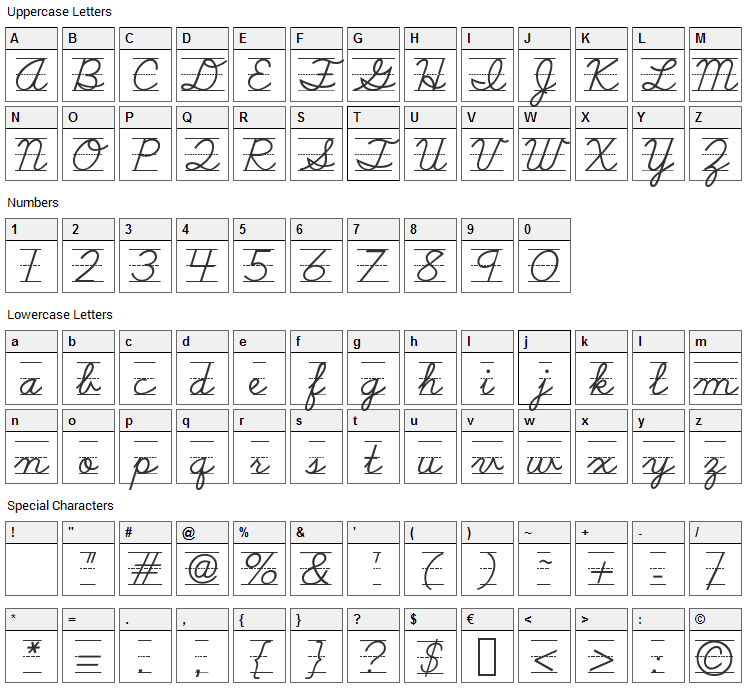 School Script Dashed Font Character Map