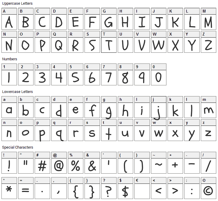 Schoolbell Font Character Map