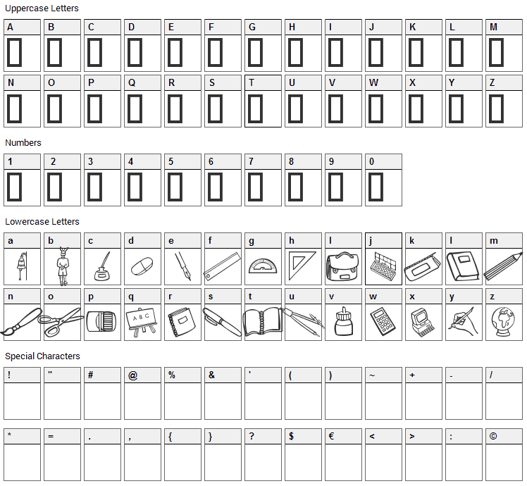Schooldays Font Character Map