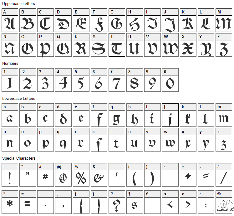 Schwaben Alt Font Character Map