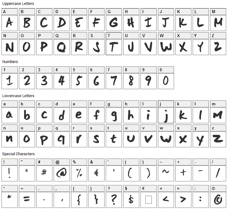 Scoder Hand Font Character Map