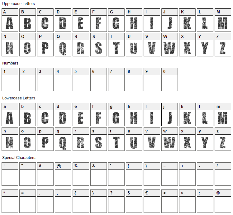 Scratched Letters Font Character Map