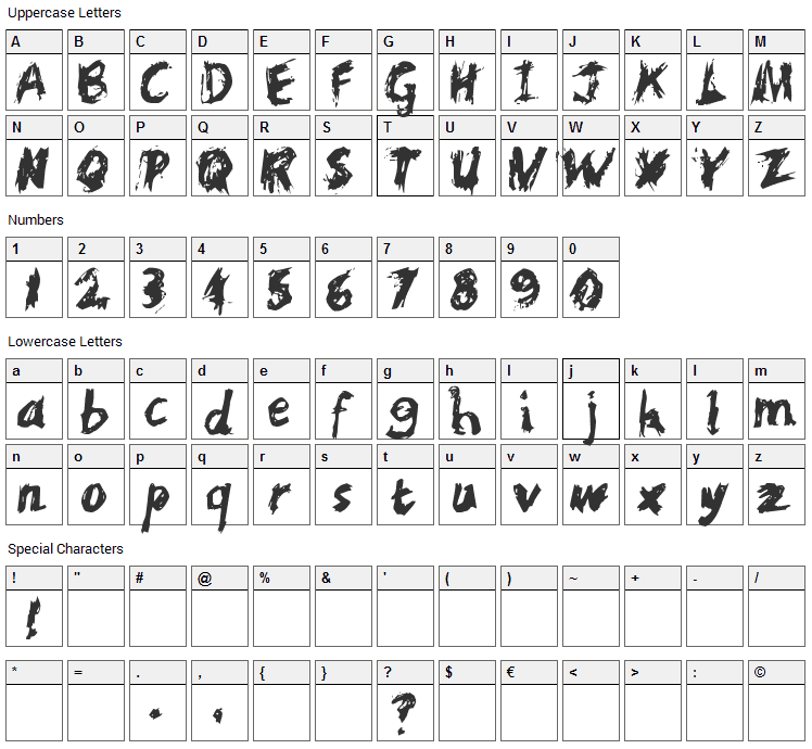 Scratchy Font Character Map