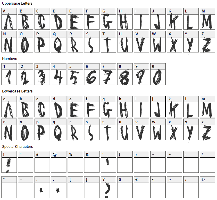 Scrawl Font Character Map