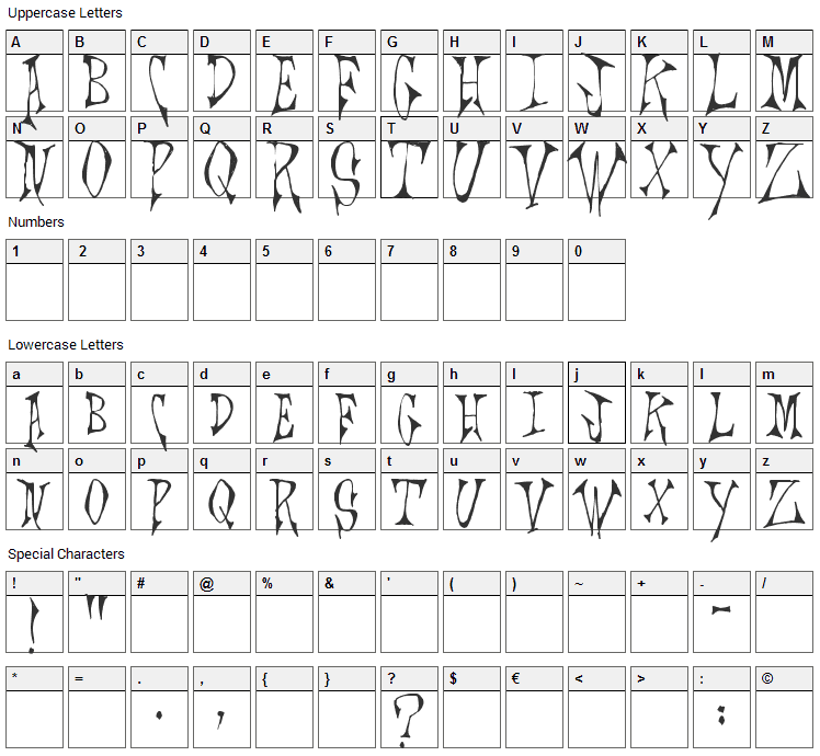 Scrawlings Font Character Map
