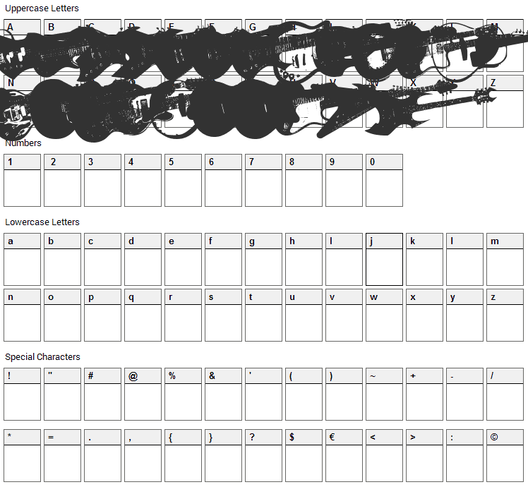 Screaming Guitar Font Character Map