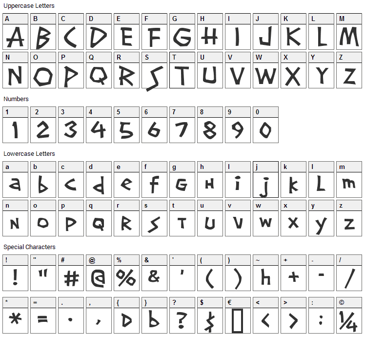 Screwball Font Character Map