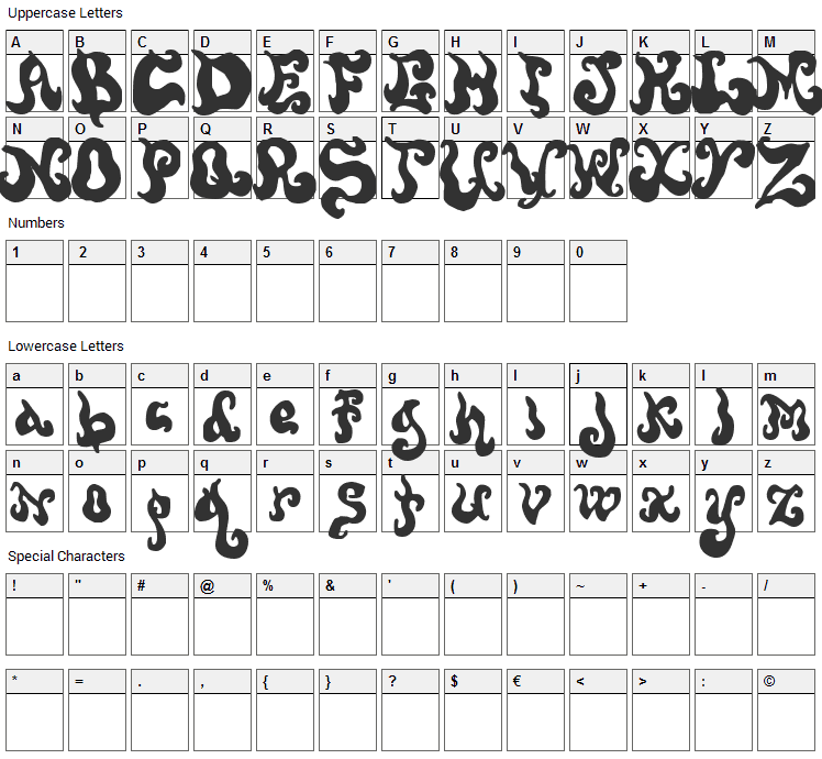 Screwy Melted Wax Font Character Map