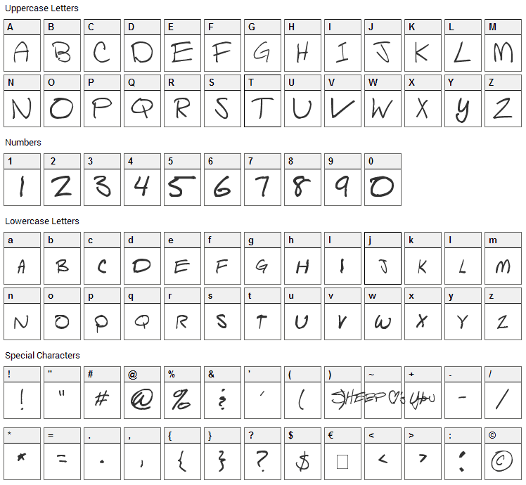 Script of Sheep Font Character Map