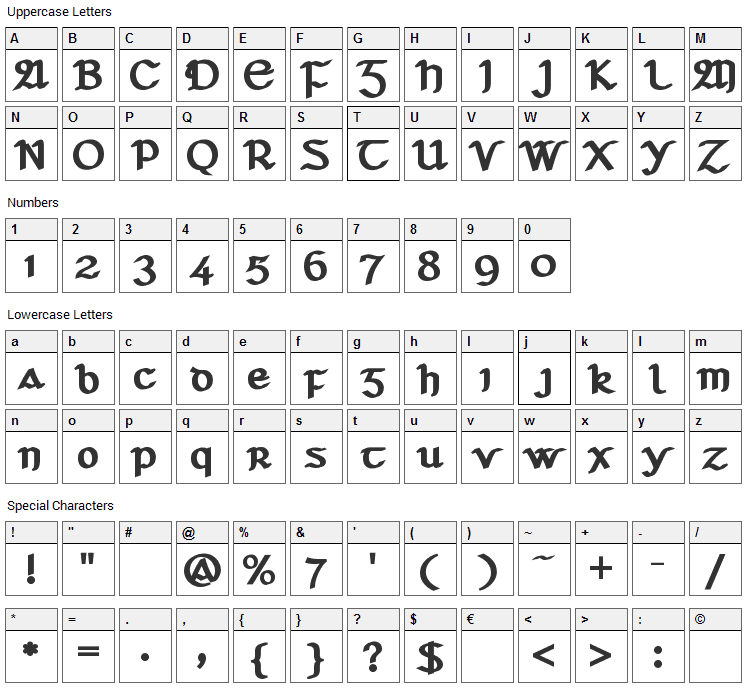 Seanchlo Dubh Font Character Map