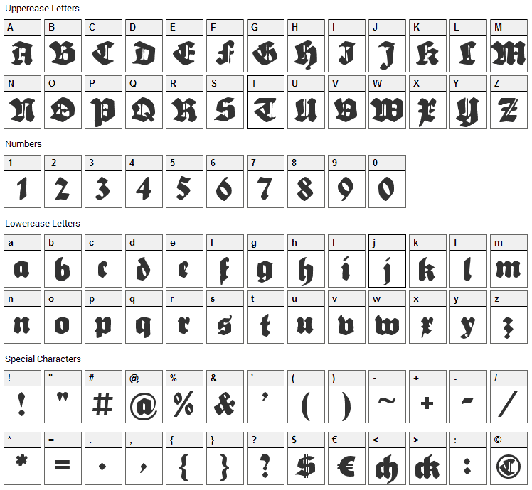 Sebaldus-Gotisch Font Character Map