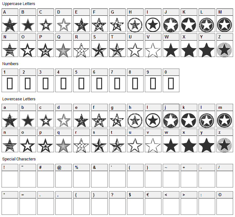 Seeing Stars Font Character Map