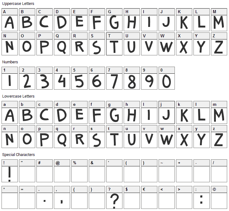 Senang Banyol Font Character Map