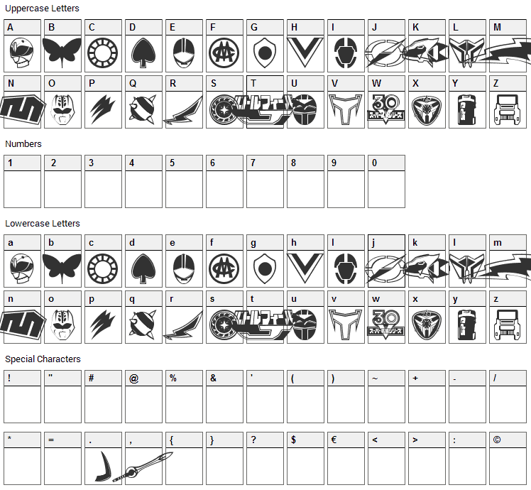 Sentai 30 Dingbats Font Character Map