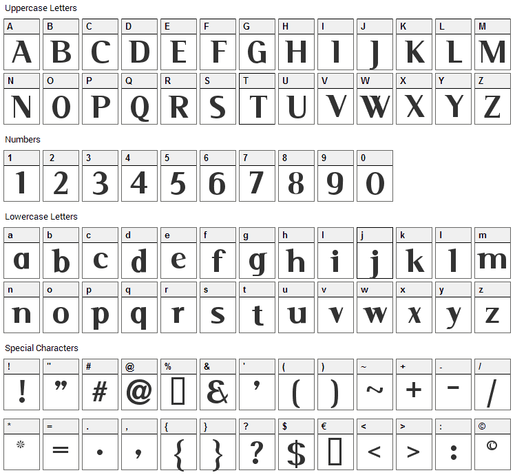 Serif Font Character Map