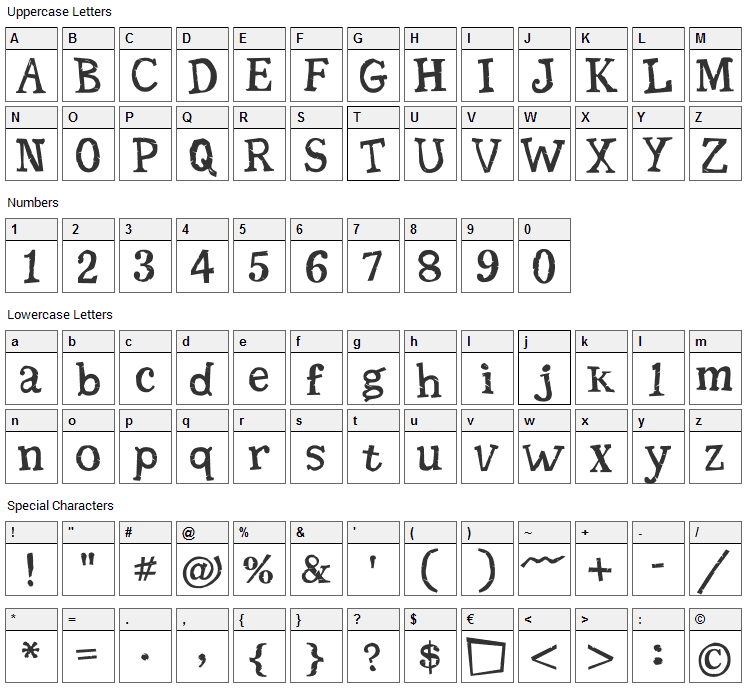 Seriffic Grunge Font Character Map