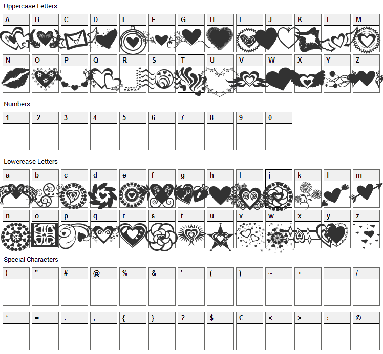 Sexy Rexy Smitten Font Character Map