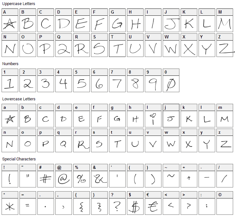 Sexy Sara Font Character Map