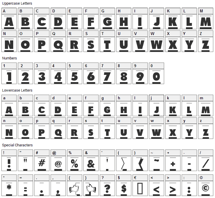 Shadow Tag Font Character Map