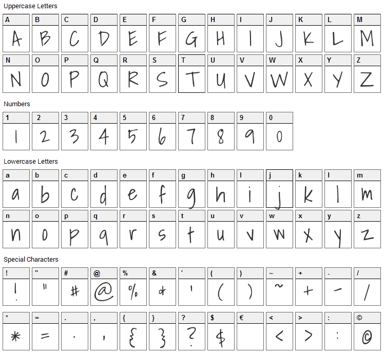 Shadows Into Light Font Character Map